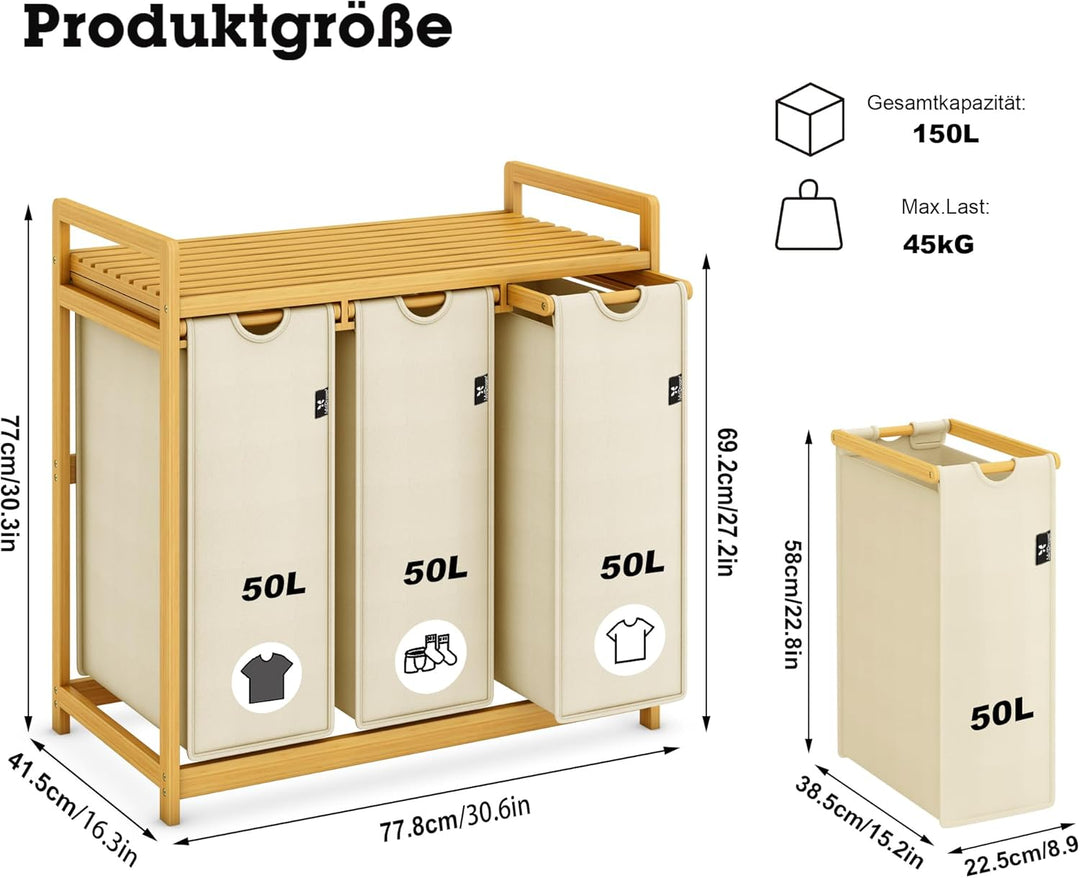 AdelDream Wäschekorb 150L, 3 Fächer Wäschesammler mit Ablage, Bambusrahmen | Wäschesortierer mit 3 x