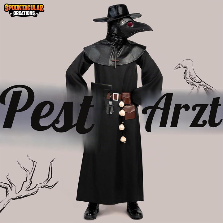 Spooktacular Creations Herren Pestarzt schwarzes Kostüm-Set mit Mütze, Maske, Schal, Robe, Handschuh
