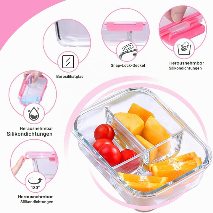 Meal Prep Boxen Glas 3 Fächer (3Stück, 1040ml) Meal Prep Boxen Glas mit Trenner Meal Prep Glas mit D