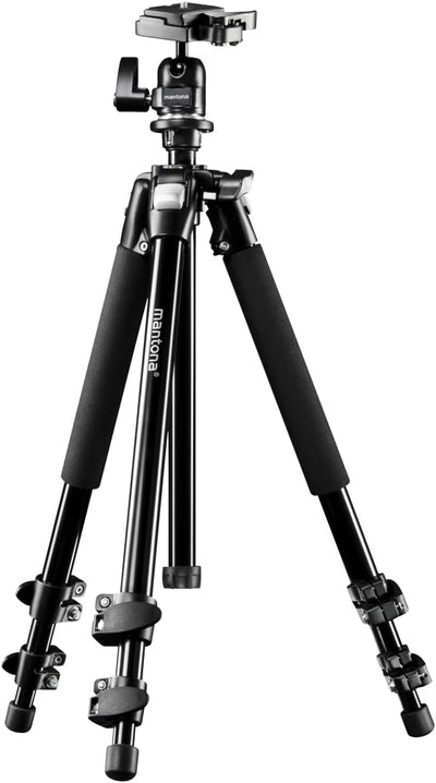 Mantona Basic Scout Fotostativ, Kamerastativ bis 144cm, inkl. robuster Kugelkopf, Wasserwaage, umkeh