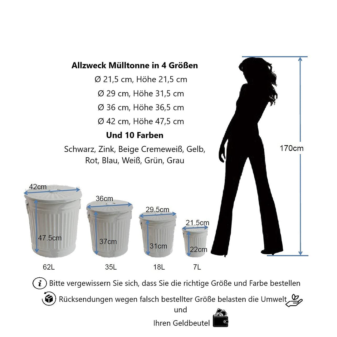 Jinfa Retrodesign Mülleimer mit Deckel | Grau | Ø Höhe 21,5 cm, 7 Liter 1 Stück - 7 Liter - Ø21,5cm