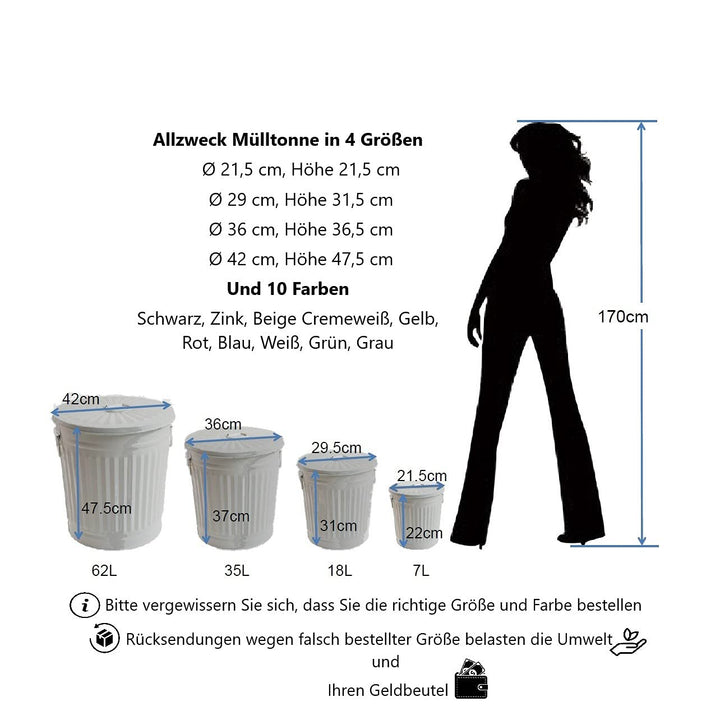 Jinfa Retrodesign Mülleimer mit Deckel | Grau | Ø Höhe 21,5 cm, 7 Liter 1 Stück - 7 Liter - Ø21,5cm