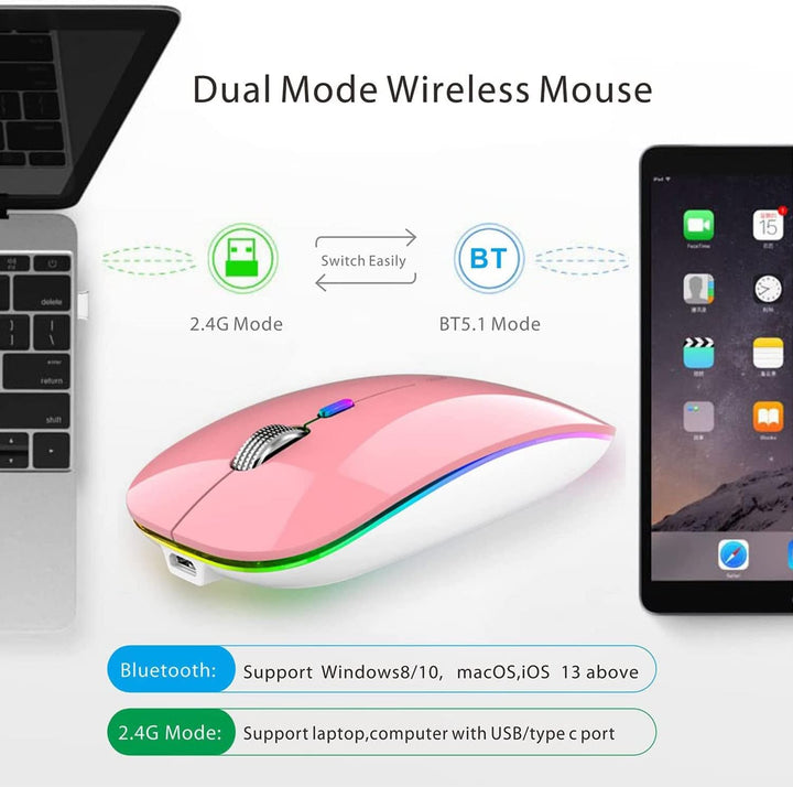 Uiosmuph Bluetooth Maus Kabellose, LED Funkmaus wiederaufladbar Leise Wireless Mouse 2.4GHz Kabellos