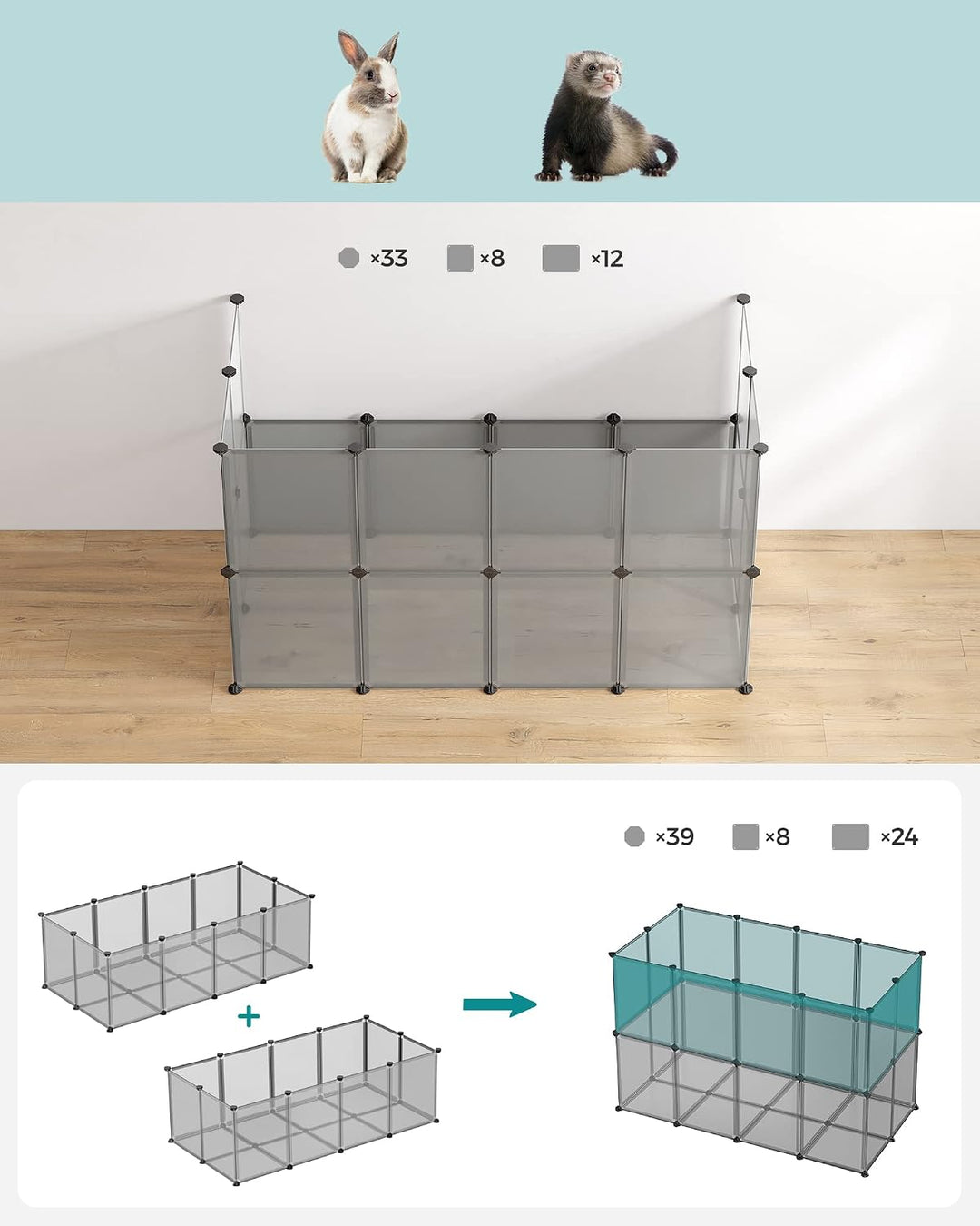 SONGMICS Freigehege mit Bodenplatten, Laufstall, Meerschweinchen Gehege, aus Kunststoff, Gehege für