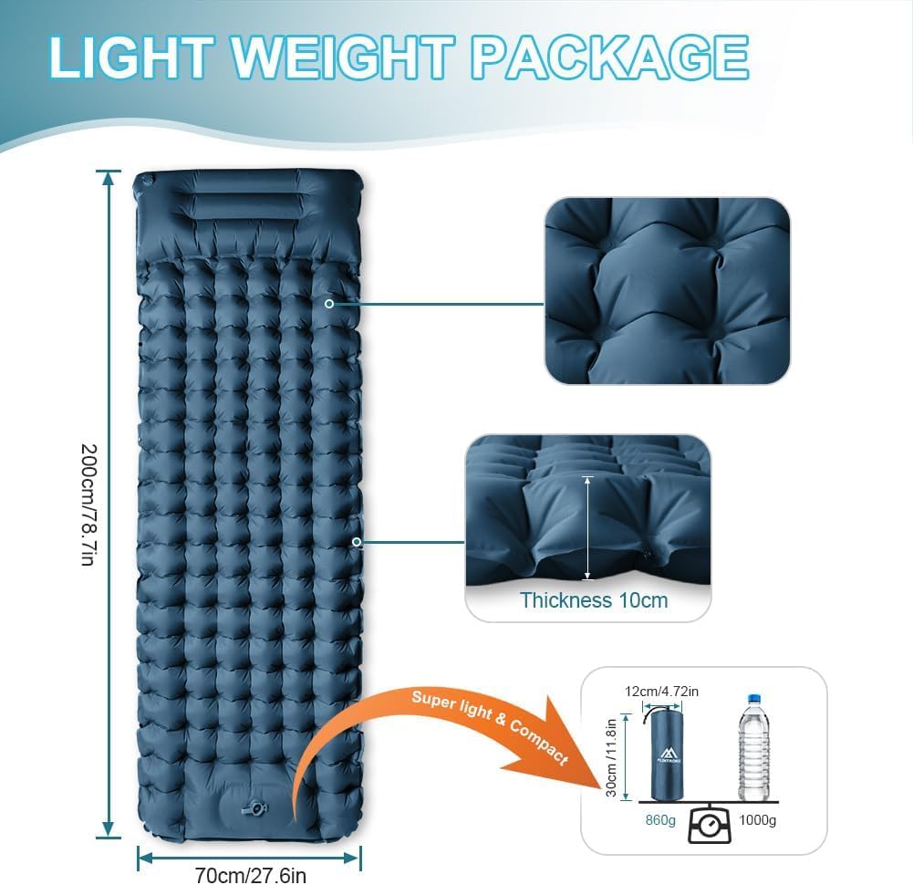 Flintronic Camping Isomatte mit Fusspressepumpe, 10CM Thick Wasserdicht Isomatte mit Kopfkissen, Ult