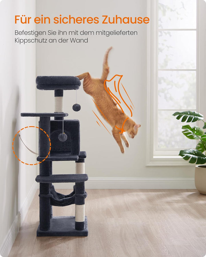 Feandrea Kratzbaum, 112 cm hoch, Katzenbaum, mehrstöckiges Katzenhaus, mit 4 Kratzsäulen, 2 Plattfor