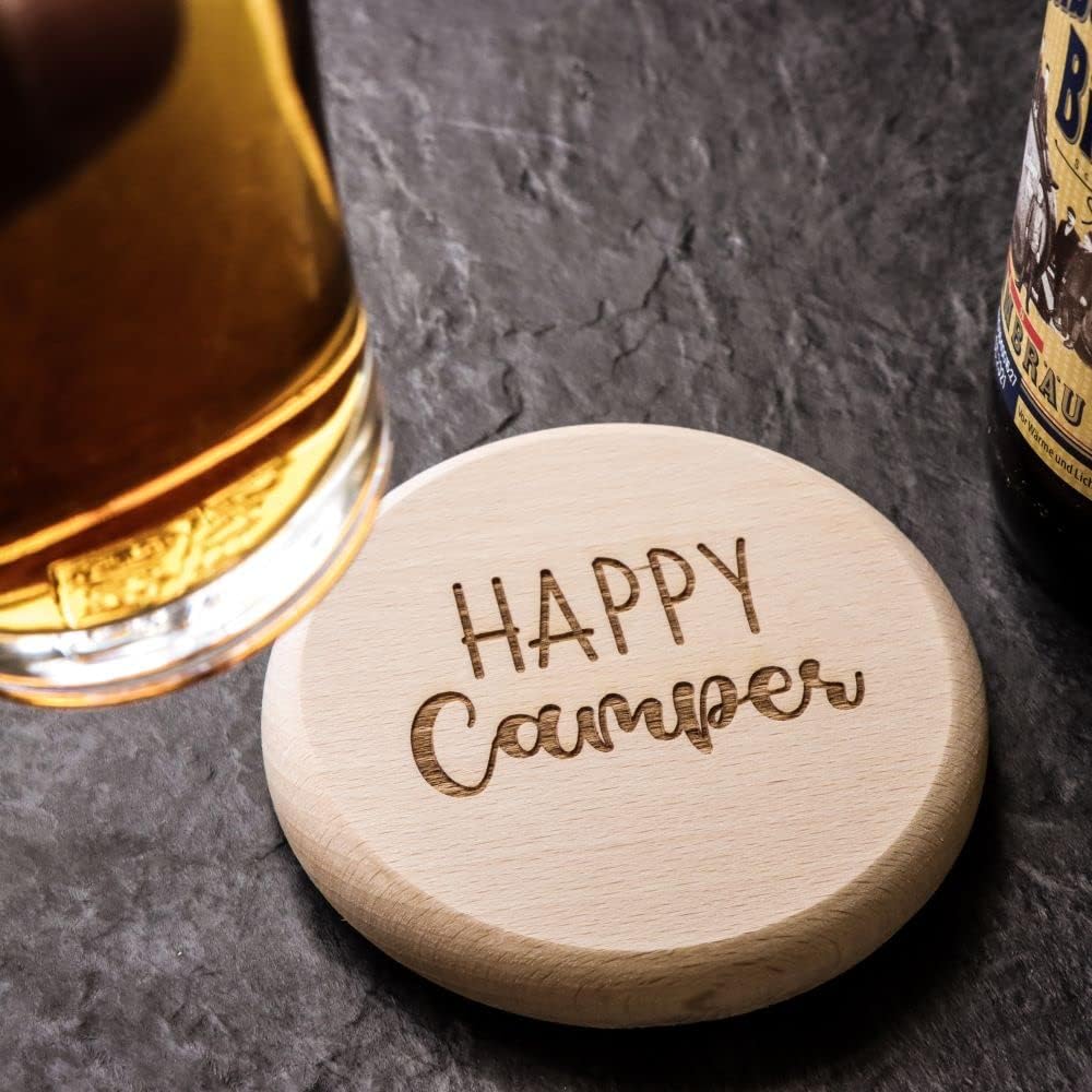 Spruchreif · Bierdeckel mit Camping-Sprüchen aus hochwertigem Buchenholz · 2in1 Untersetzer und Deck