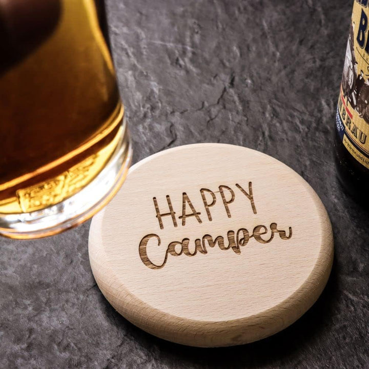 Spruchreif · Bierdeckel mit Camping-Sprüchen aus hochwertigem Buchenholz · 2in1 Untersetzer und Deck
