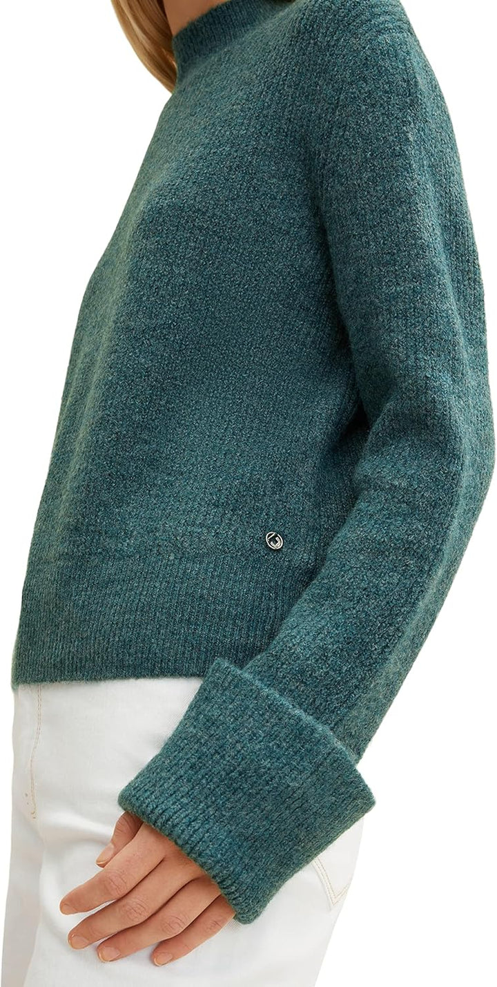 TOM TAILOR Denim Damen Pullover mit umgeschlagenem Ärmel M 30358 - Green Dust Melange, M 30358 - Gre