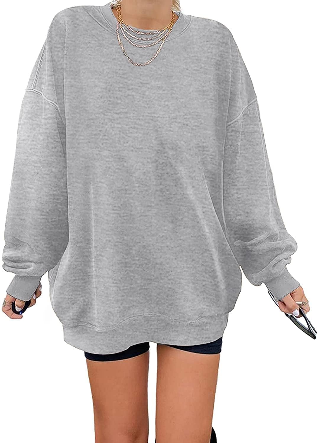 Tongmingyun Sweatshirt Damen Oversized Rundhals Pullover Ohne Kapuze | Langarm,Rundhals,Einfarbig,Ca