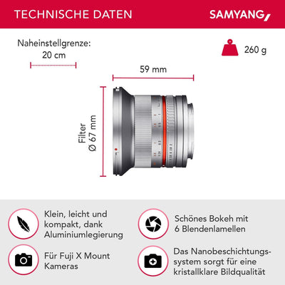 SAMYANG 12mm F2.0 Objektiv für Fuji X – Weitwinkel Objektiv Festbrennweite manueller Fokus Foto Obje