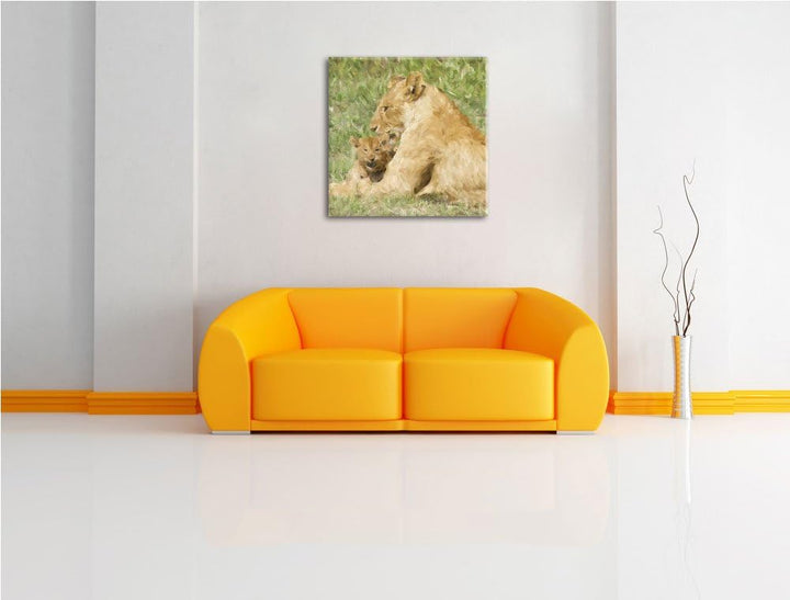 stolzer Löwe in Steppe, Format: 70x70 auf Leinwand, XXL riesige Bilder fertig gerahmt mit Keilrahmen