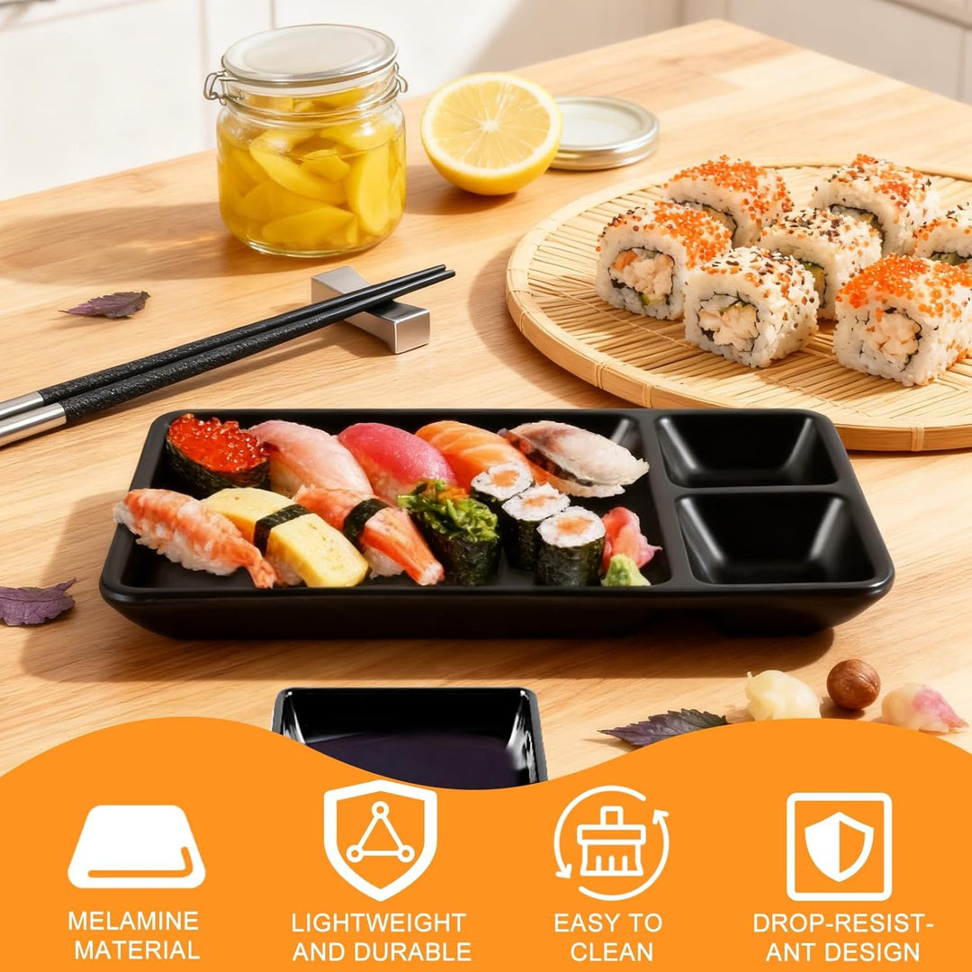 16-tlg. Japanisches Sushi Set Schwarz - Japanese Geschirr aus Melamin Enthält 4 Parr Sushi Stäbchen,
