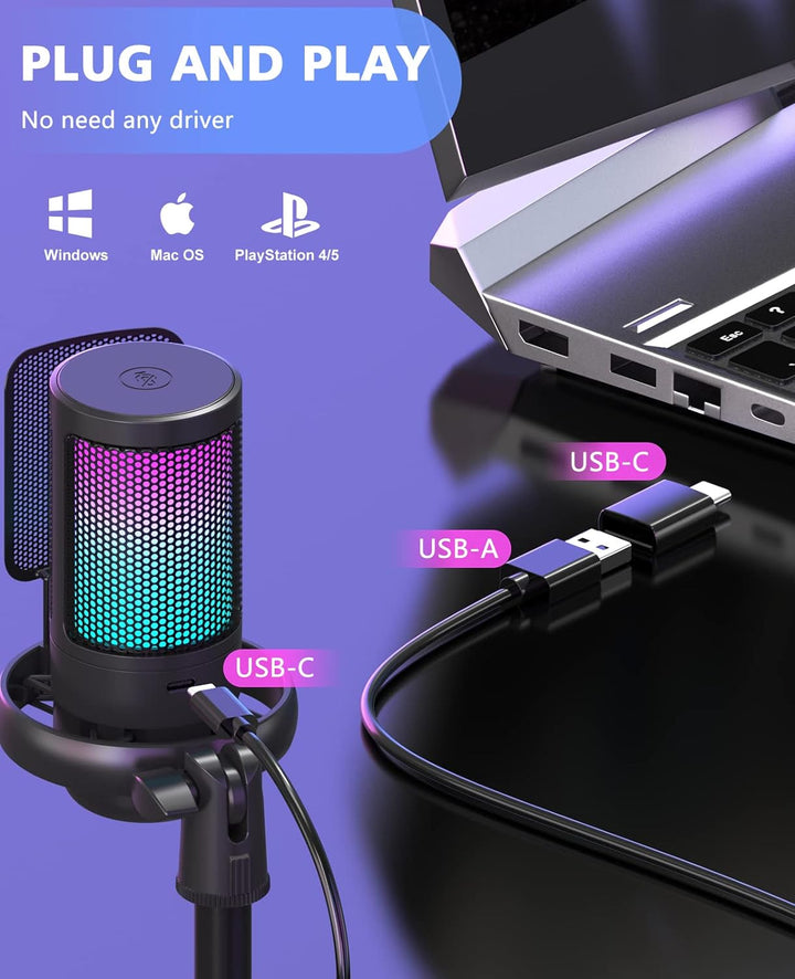 NJSJ Mikrofone PC, Gaming Microphone for PS4 PS5, RGB USB C Podcast Mikrofone with Mute Button, Trip