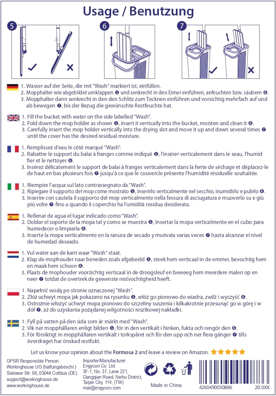 CleanAid Formosa 2 Bodenwischer 10 Ersatzbezüge - Wischmopp Set mit Eimer, Flachwischer, Extra Lange