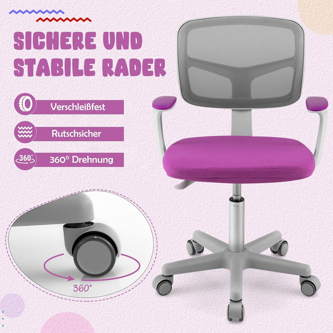 COSTWAY 360° Drehbarer Kinderschreibtischstuhl, 80-91,5 cm Höhenverstellbarer Jungendstuhl mit Rücke