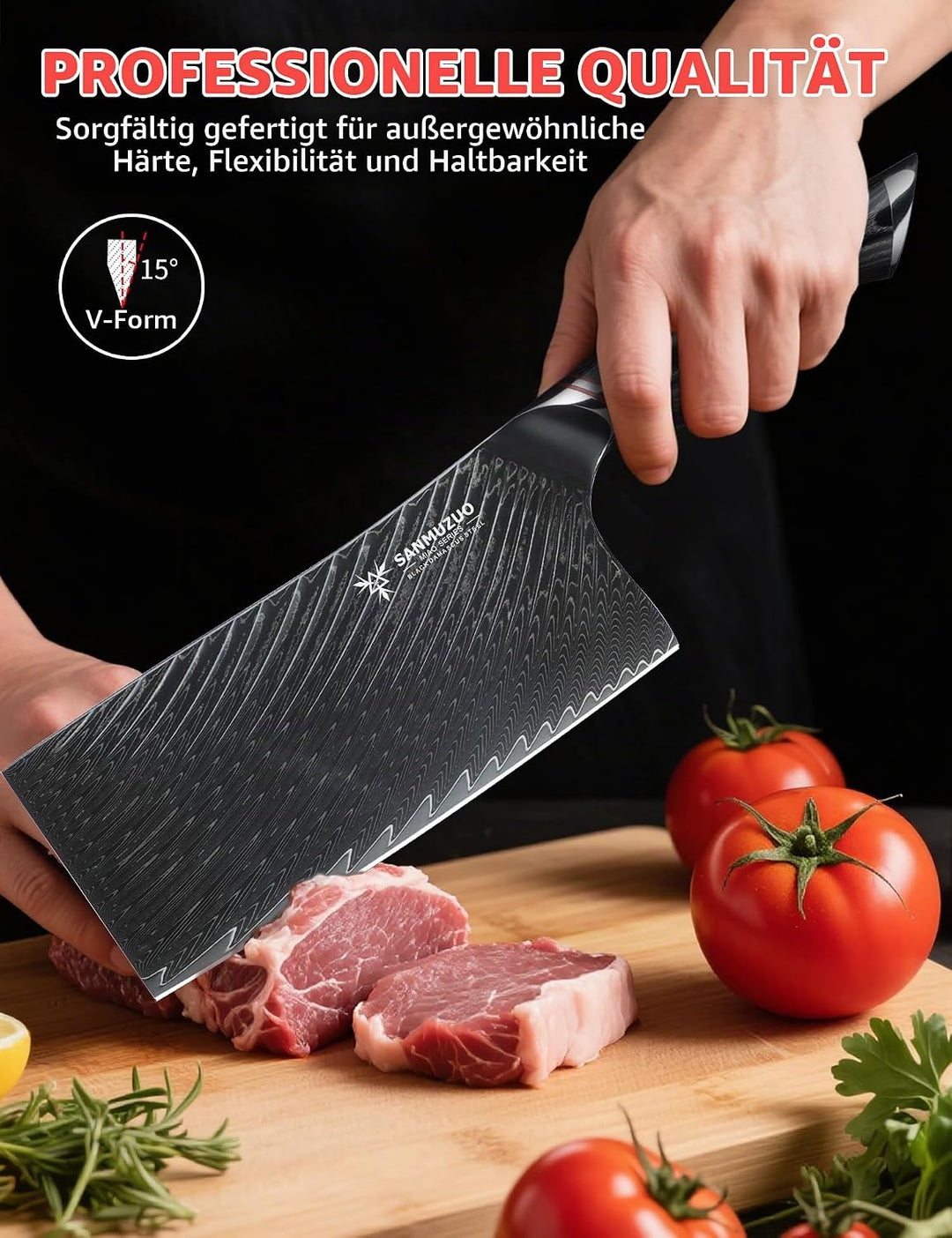18 cm Fleischerbeil – Chinesisches Küchen-Gemüsebeil – Schwarzer Damaststahl mit ergonomischem Griff