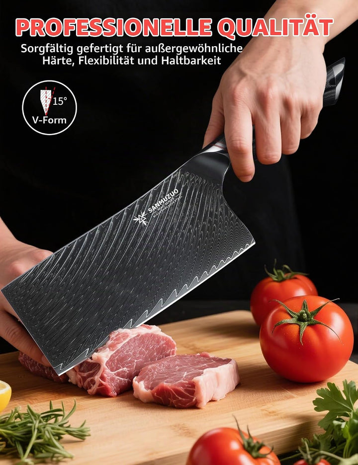 18 cm Fleischerbeil – Chinesisches Küchen-Gemüsebeil – Schwarzer Damaststahl mit ergonomischem Griff