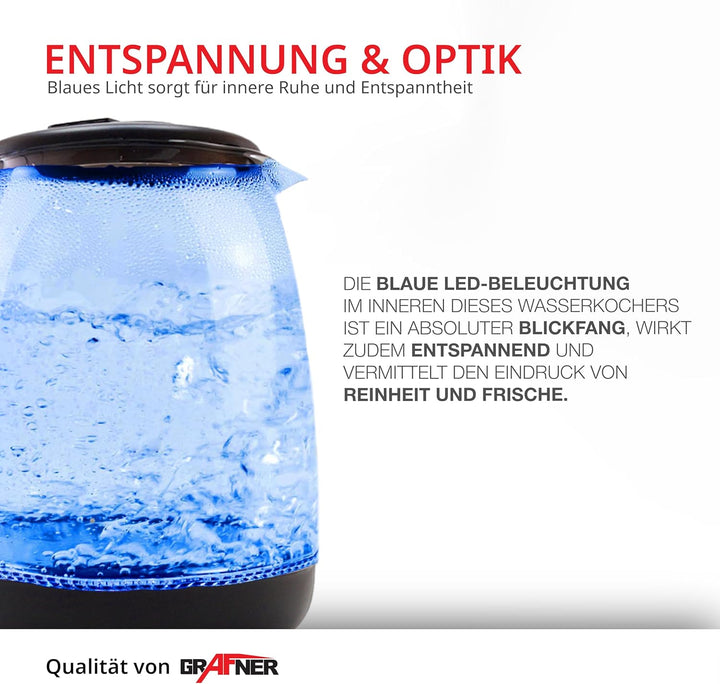 Grafner Design Glas Wasserkocher 1,8 Liter, 1800 Watt, mit blauer LED Beleuchtung, Trockenlaufschutz
