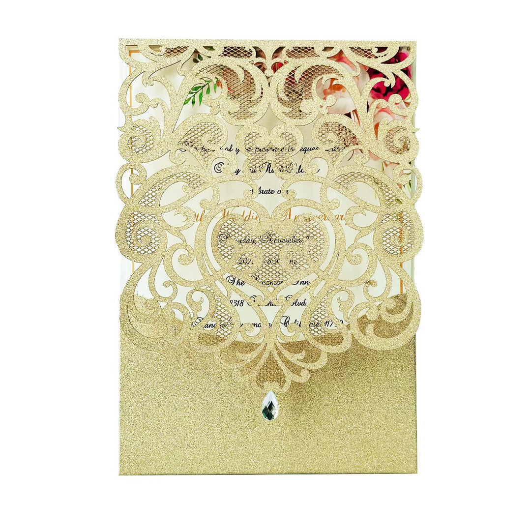 Hosmsua Blnak Hochzeitseinladungskarten mit Strass und Umschlägen, lasergeschnitten, Champagner-Gold