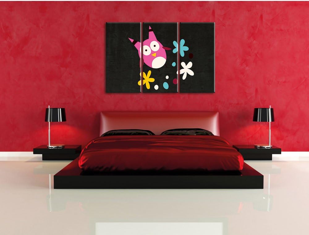Pixxprint Fliegende Eule mit Blumen als Leinwandbild/Grösse: 3 Teilig (120x80) cm/Wandbild/Kunstdruc