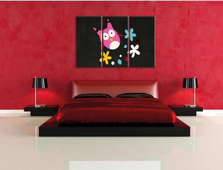 Pixxprint Fliegende Eule mit Blumen als Leinwandbild/Grösse: 3 Teilig (120x80) cm/Wandbild/Kunstdruc