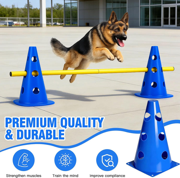 Agility Set Hunde – 10 Kegel + 5 Stangen, 23 cm Höhe, Cavaletti Hund für Koordinationstraining, Hund