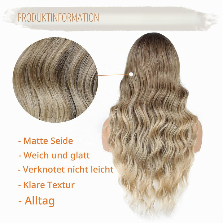 FAELBATY Perücke mit langen Locken blonde Perücke mit Pony Ombre dunkelbraun bis blonde Perücke für