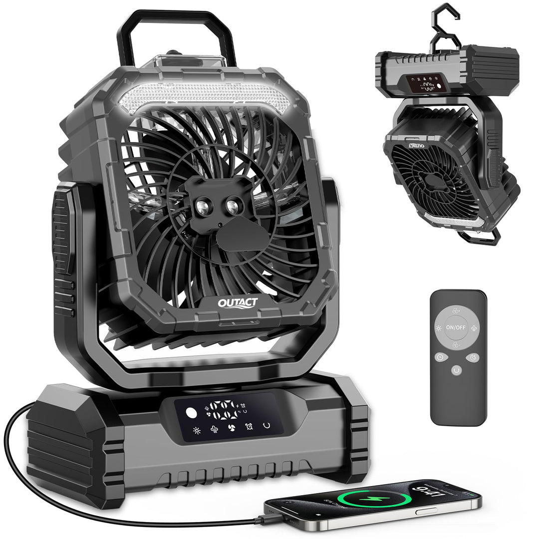 Camping Ventilator 20000mAh, Wiederaufladbarer Tischventilator USB Ventilator mit LED Licht & Haken,