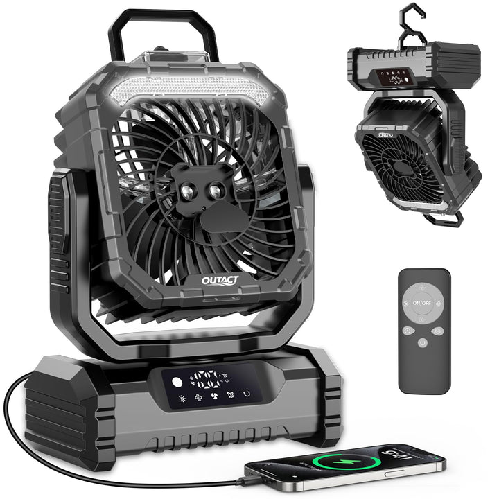 Camping Ventilator 20000mAh, Wiederaufladbarer Tischventilator USB Ventilator mit LED Licht & Haken,