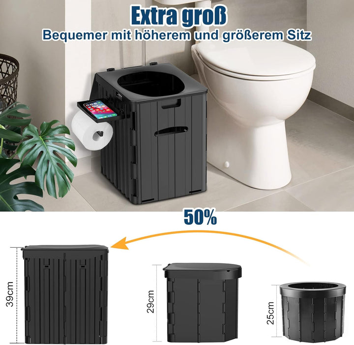 WADEO Tragbare Campingtoilette mit Deckel, 39 cm hohe Mobile Toilette mit 12 Stück Toilettenbeutel,