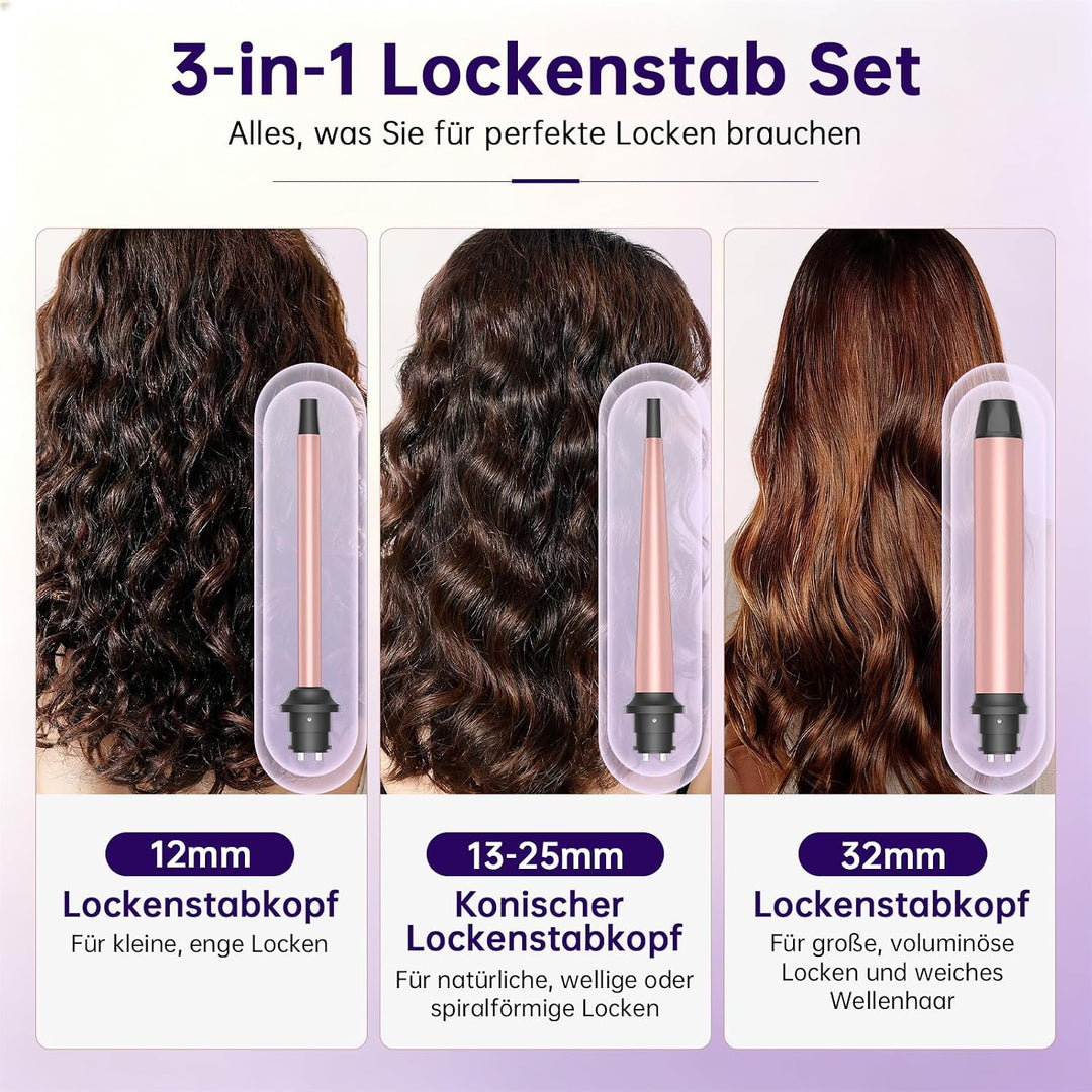 3 in 1 Lockenstab, 13 Temperaturstufen, 30 Sekunden Schnelles Aufheizen | Auswechselbare Keramik-Tur