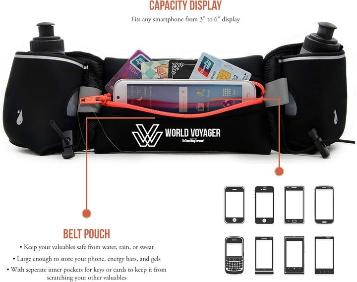 World Voyager Premium Qualität No Bounce Läufer Hydration Gürtel mit Reflektoren, Smartphone Pocket