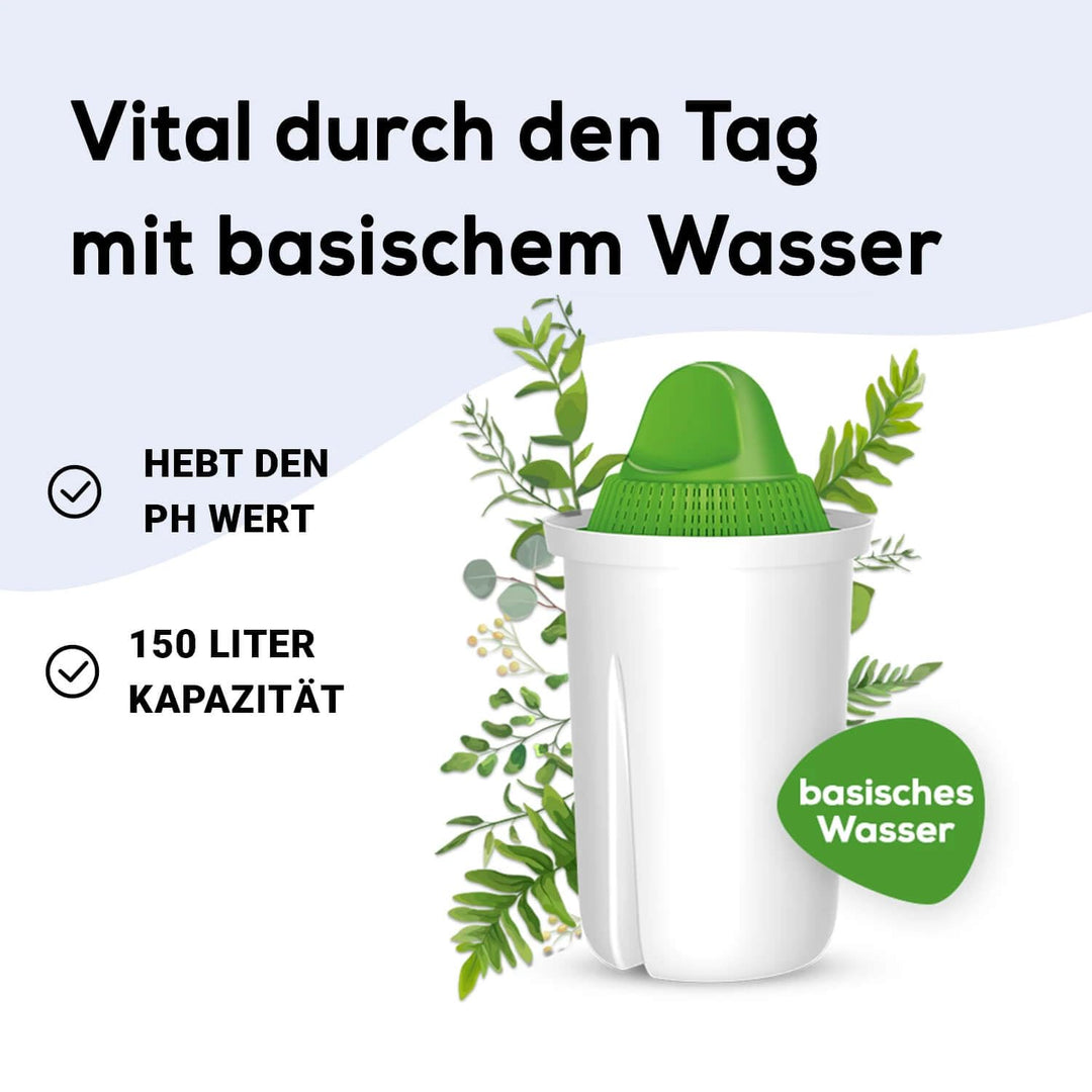 PearlCo 2L Glas Wasserfilter Krug mit 3 alkalischen Filterkartuschen - basisches Wasser durch 5 Stuf