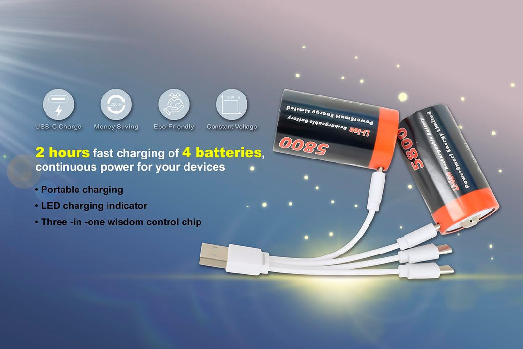 PowerSmart® Akkus (4 Pack) 5800mWh 1.5V LR20 Mono D USB-C Batterie, wiederaufladbar, mit 4-in-1 USB