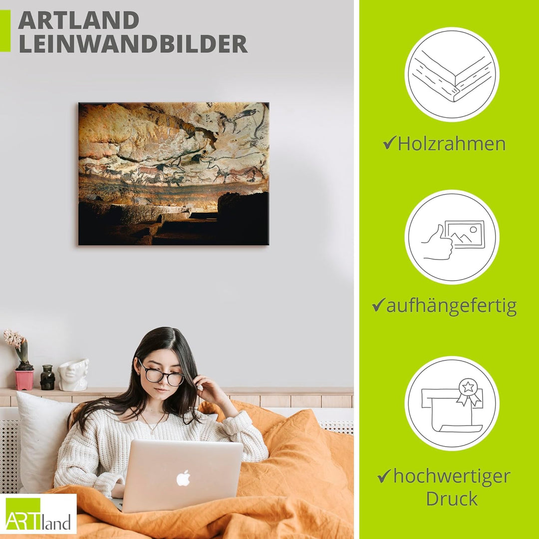 ARTland Leinwandbilder Wandbild Bild auf Leinwand 60x45 cm Wanddeko Steinzeit Tiere Stier Höhle von