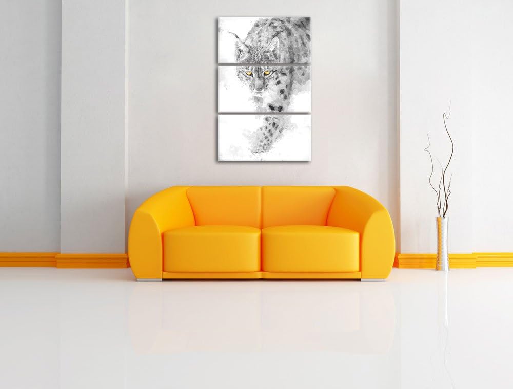 wachsamer Luchs im Schnee schwarz/weiss Deluxe 3-Teiler Leinwandbild 120x80 Bild auf Leinwand, XXL r