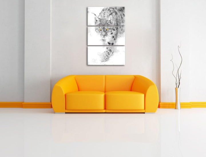 wachsamer Luchs im Schnee schwarz/weiss Deluxe 3-Teiler Leinwandbild 120x80 Bild auf Leinwand, XXL r