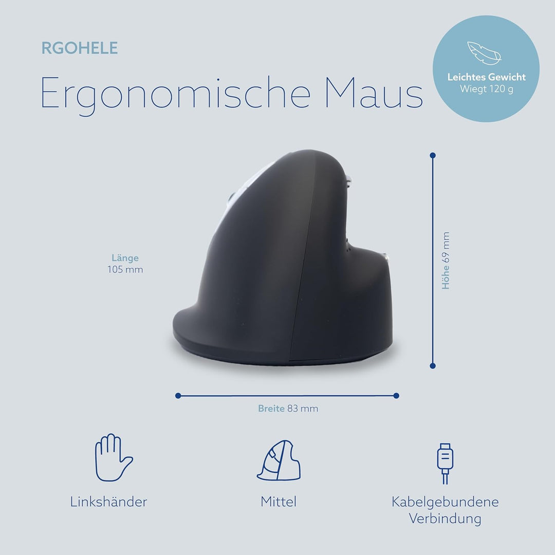 R-Go HE Ergonomische Maus, Für linkshänder, Mit Break-Software, (USB C Kabelkabelgebunden + USB A Ko