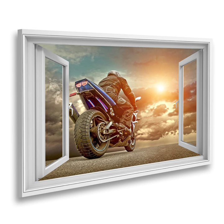 islandburner Bild auf Leinwand Fensterblick Mann sitzt auf dem Motorrad unter Wolken am Himmel Sagen