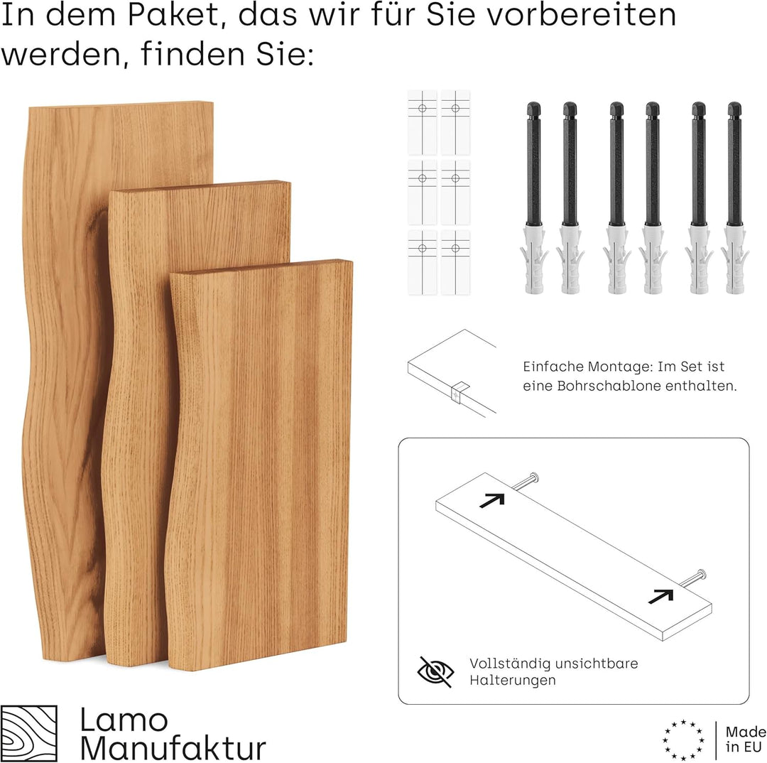 LAMO Manufaktur 3 Stück Wandregal aus Holz mit unsichtbarer Befestigung 40/35/30cm | Wandregal aus 1