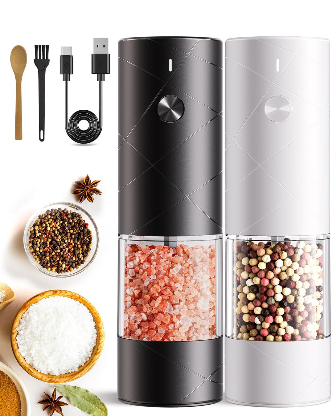 Salz und Pfeffermühle elektrische 2er Set, USB wiederaufladbare-Gewürzmühle elektrisch, einstellbare