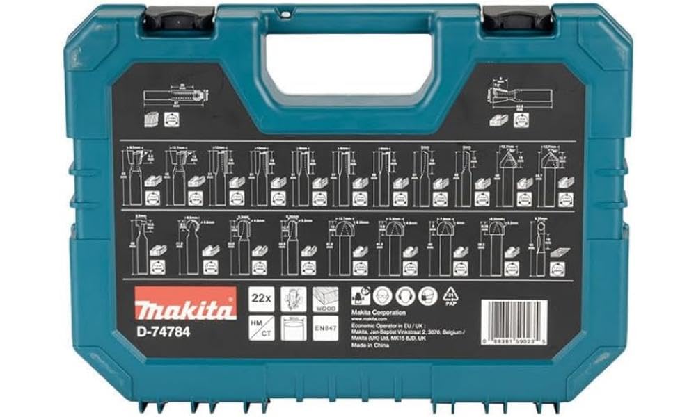 Makita D-74784 Fräser-Set 22-teilig in Kunststoffkoffer, Hartmetall, 8 mm Schaft für Oberfräser, für