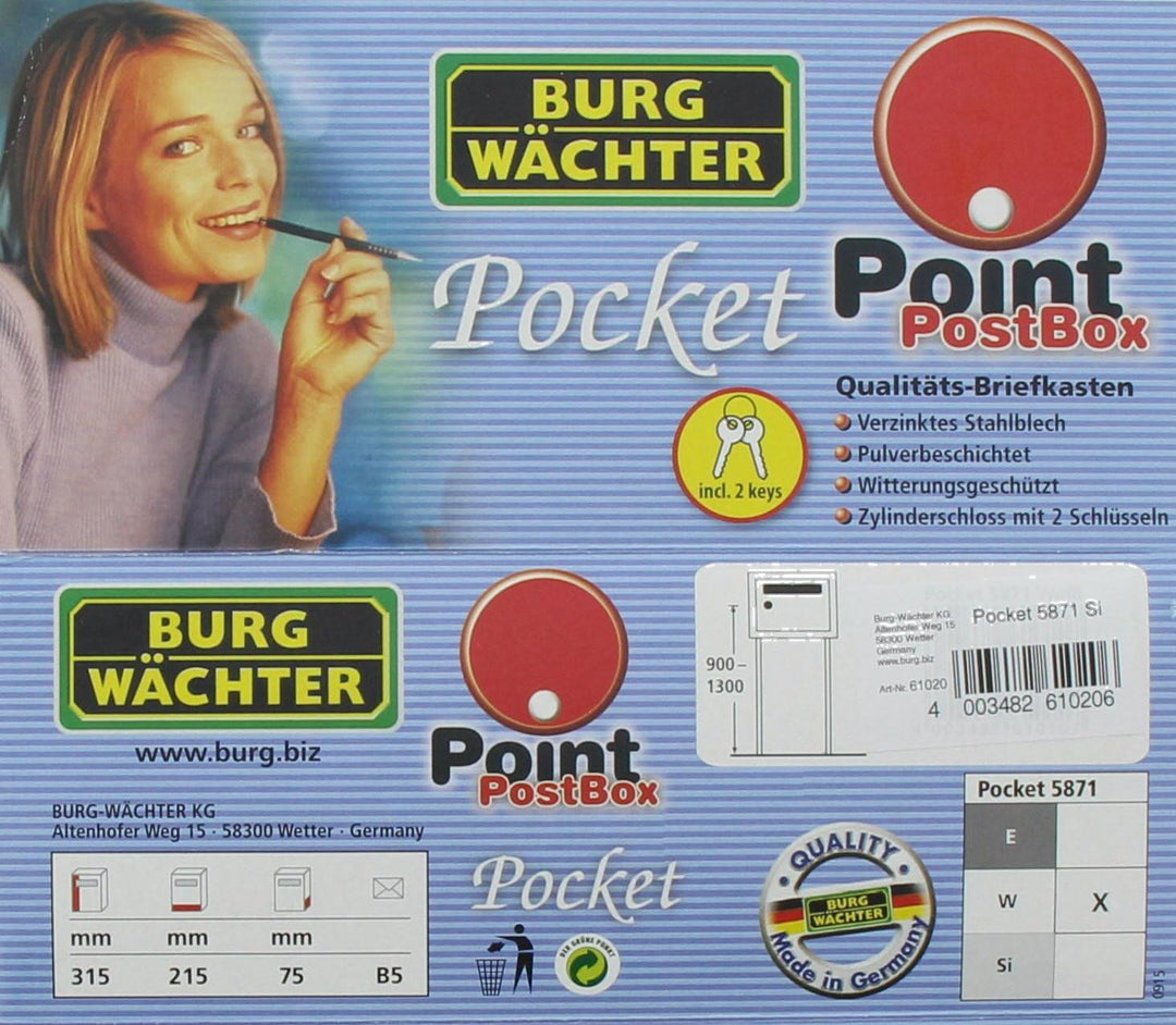 Burg-Wächter Anlagenbriefkasten, A5 Einwurf-Format, Verzinkter Stahl, Pocket 5871 Si, Silber, Silber