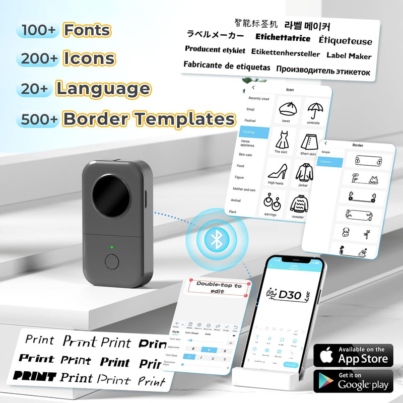Phomemo D30 Bluetooth Etikettendrucker - Etikettiergerät Mini Beschriftungsgerät Selbstklebend Label