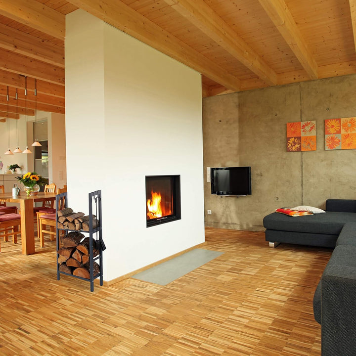 Relaxdays, anthrazit Kaminholzregal mit 2 Ablagen, aus Stahl, 4 Haken für Kaminbesteck, Brennholzreg