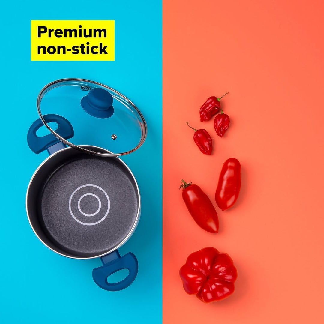 Tasty Antihaft-Kochtopf mit Glasdeckel und Öldosiersystem, 20cm, 3500ml – Gepresstes Aluminium, für