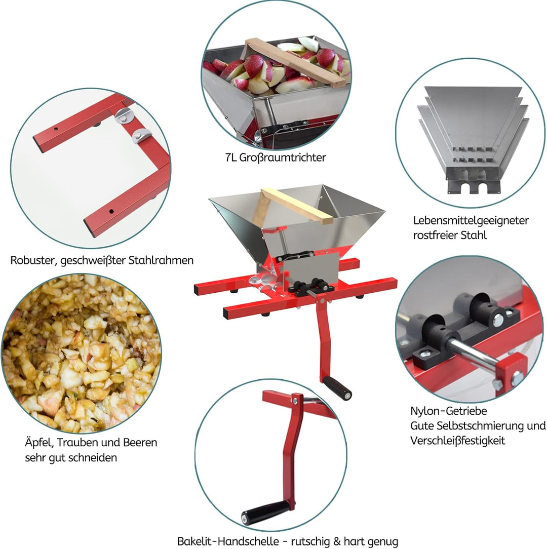 7L Traubenmühle Obstmühle Maischemühle Fruchtbrecher Pulper Mühle mit Handkurbel für Beeren Wein Sos