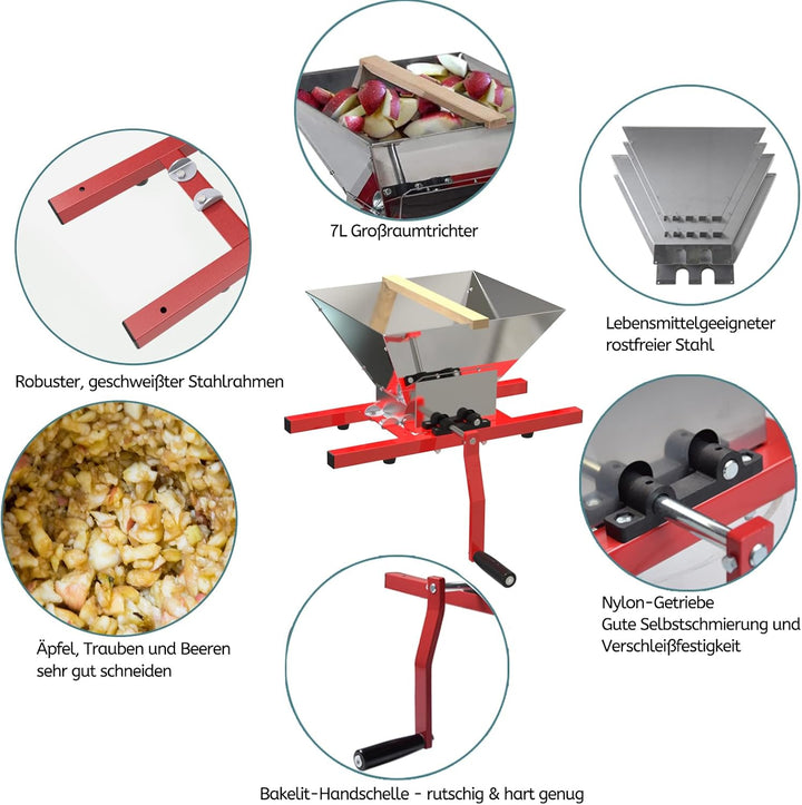 7L Traubenmühle Obstmühle Maischemühle Fruchtbrecher Pulper Mühle mit Handkurbel für Beeren Wein Sos