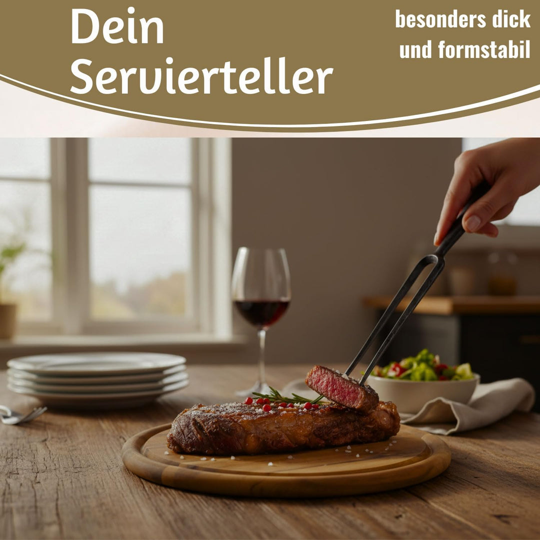 LS-LebenStil 6x Holz Fleischteller 25cm Rund FSC Akazie - Set - 6 Stück - Schneidebrett mit Saftrill